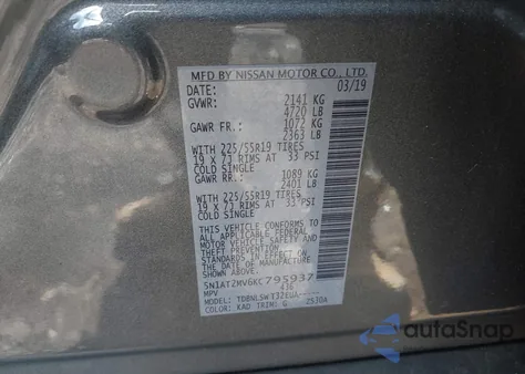 2019 Nissan Rogue Sl z USA, uszkodzony, nr VIN 5N1AT2MV6KC795937